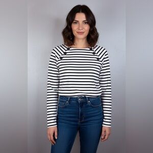 Petit Bateau Long Sleeve Breton Stripe Cotton Top with Buttons Women’s Medium